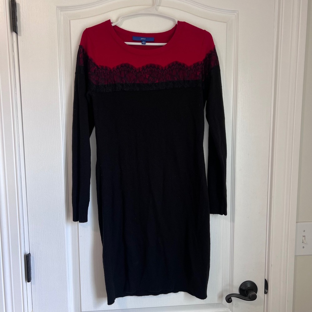 Apt. 9 Womens Red Black Colorblock‎ Lace Trim Long Sleeve Sweater Dress Small